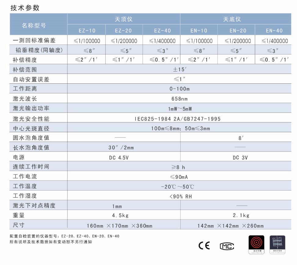 EZ-10、EZ-20、EZ-40激光自動安平天頂儀/上垂準(zhǔn)儀技術(shù)參數(shù)